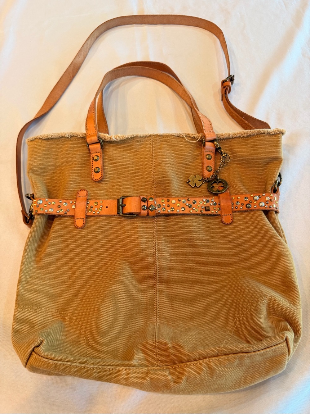 Lucky Brand Mustard Yellow Canvas Tote with Studded Leather Belt & Charm